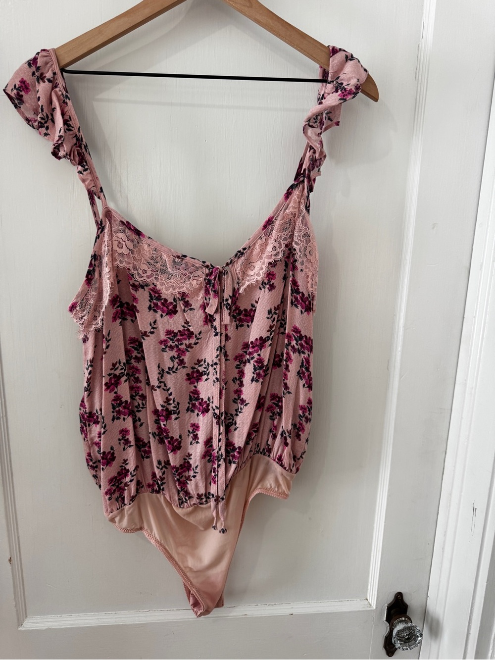 Free People Dusty Pink Floral Lace-Trim Bodysuit with Ruffle Straps